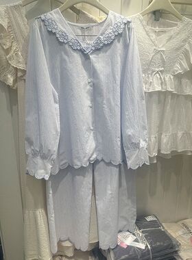 韩国睡衣Public republic 刺绣春夏翻领开衫长袖长裤睡衣家居服女