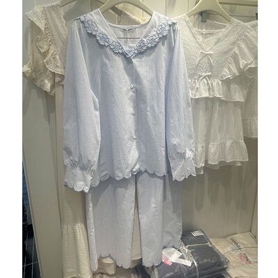 韩国睡衣Public republic 刺绣春夏翻领开衫长袖长裤睡衣家居服女