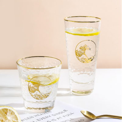 大英博物馆浮世绘神奈川冲浪里透明玻璃水杯锤纹杯子烫金边玻璃杯