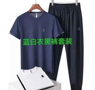 胖利来2024夏款网眼套装13066衣服白色蓝色 裤子黑色拍时自选颜色