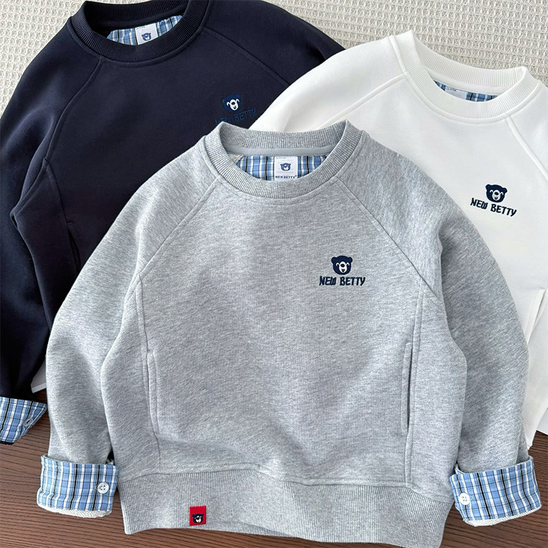 100%纯棉A类~男童全棉圆领卫衣中大童纯色毛圈套头衫宽松休闲春秋