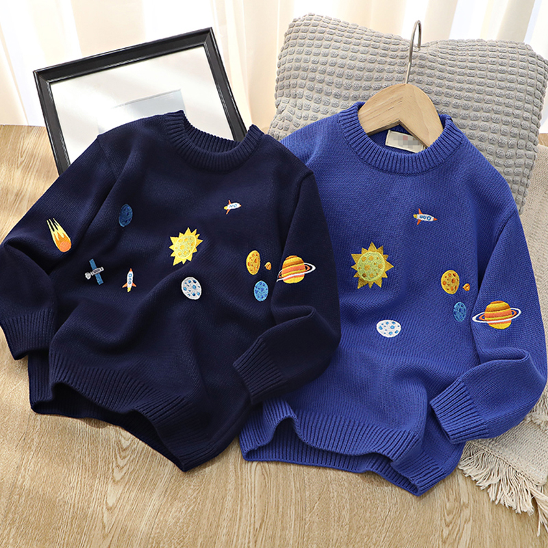 精美刺绣秋冬男童纯棉线圆领毛衣