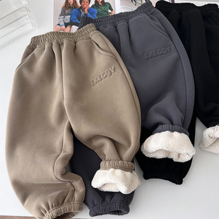 纯色一体绒长裤 加绒卫裤 子 中大童加厚保暖运动裤 男童羊羔绒棉裤