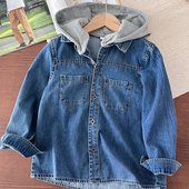 衬衫 帽子可拆卸男童长袖 中大童连帽衬衣儿童纯棉上衣 清库