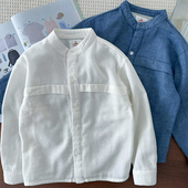 绵软轻薄男童双层棉纱衬衣儿童纯棉长袖 宝宝白色立领上衣纯色 衬衫