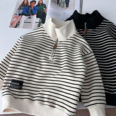 比毛衣还保暖 秋冬男童条纹半拉链加绒卫衣中大童高领针织套头衫