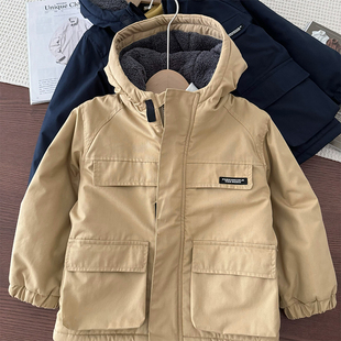 超值划算 男童加绒夹棉连帽厚外套中大童保暖棉衣儿童中长款棉服