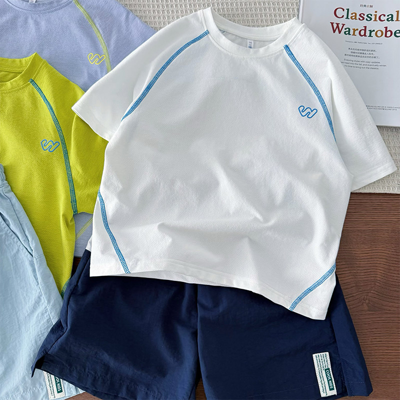 男童夏季运动速干套装两件套~儿童网眼透气圆领短袖T恤休闲五分裤