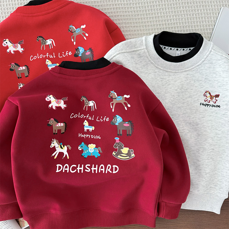 儿童红色加绒半高领卫衣奥利绒