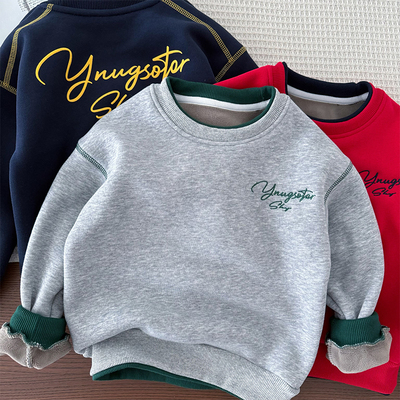 男童假两件加绒圆领卫衣厚实保暖