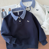 春秋季 新品 打底衫 中大童百搭洋气长袖 上衣 男童格子polo翻领卫衣