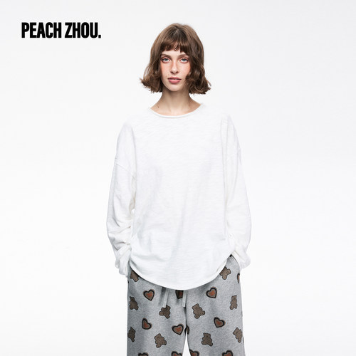 PEACHZHOU 定制纯棉散边基础款T恤女中长款纯色打底上衣秋季新款