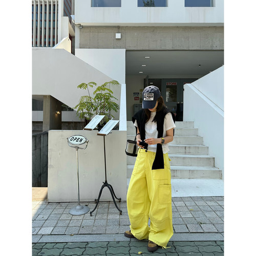 PEACHZHOU 时髦都市感定染黄色100棉休闲裤女宽松阔腿裤2026年秋