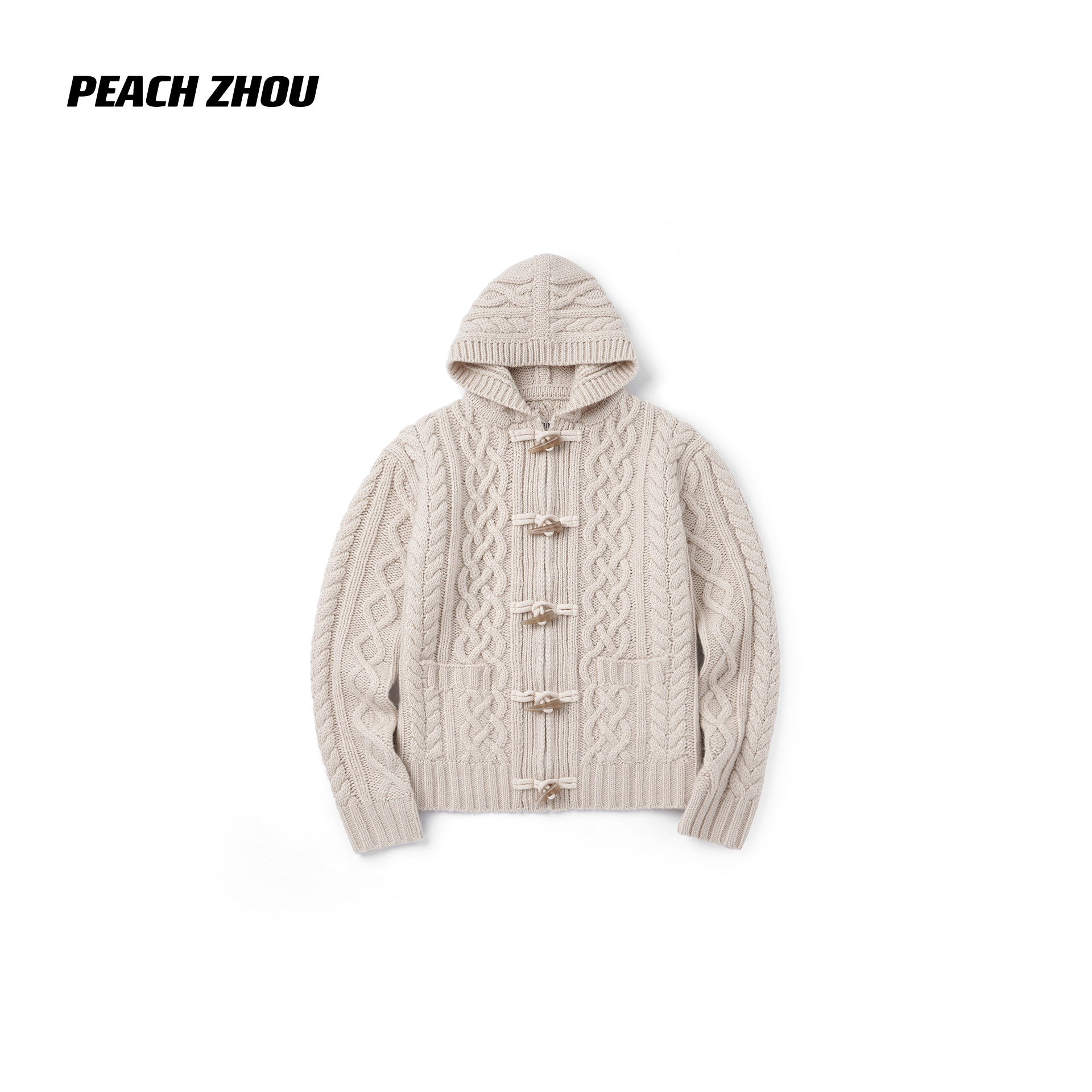 PEACHZHOU 重工加厚羊毛混纺麻花牛角盘扣复古连帽毛衣外套女秋季