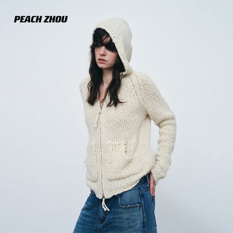 PEACHZHOU 羊毛大肚纱粗针开衫毛衣宽松连帽拉链外套女士秋季新款