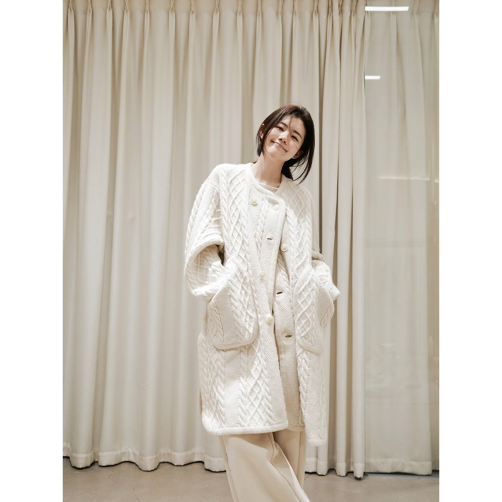 PEACHZHOU 重工设计感加厚100羊毛绞花中长款毛衣女外套2026新款