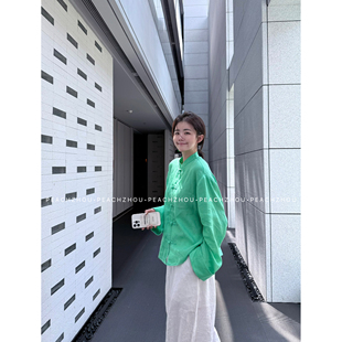 100亞麻新中式 PEACHZHOU 盤扣洋氣綠氣質(zhì)國(guó)風(fēng)高級(jí)感寬松休閑外套