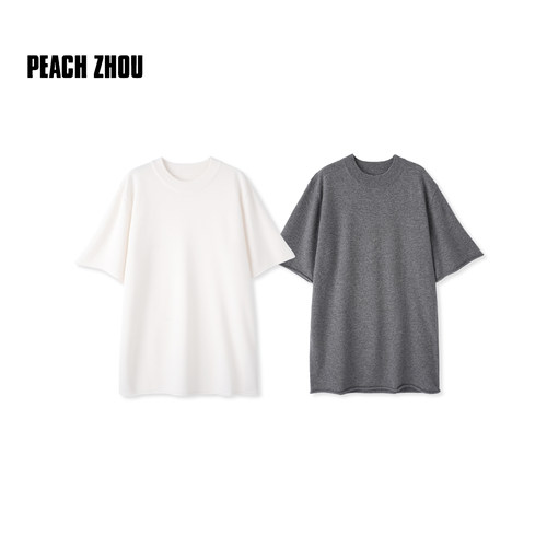 PEACHZHOU 纯羊毛卷边针织短袖毛衣宽松圆领廓形女上衣秋季新款
