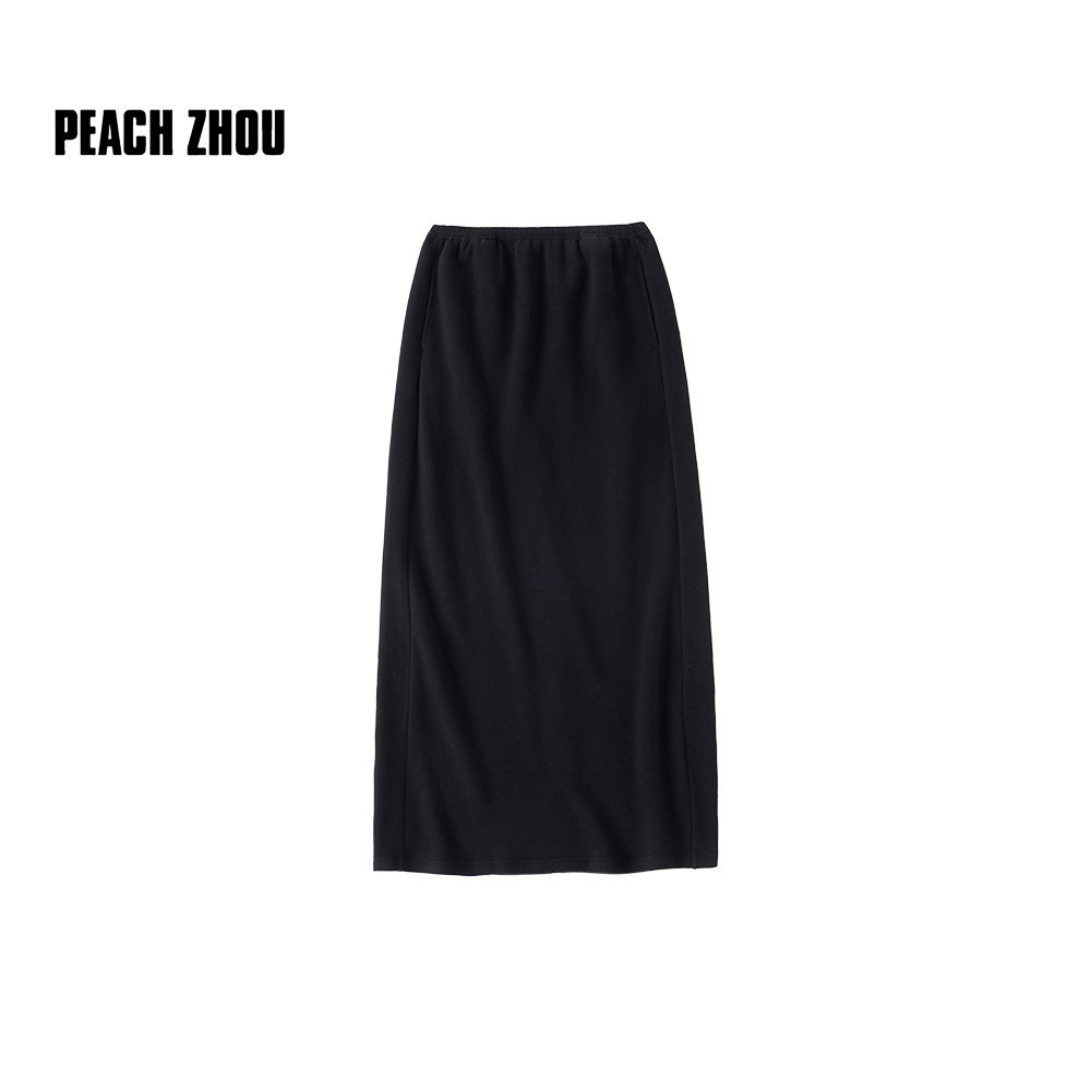 PEACHZHOU 棉质针织直筒半身裙弹力松紧腰后中开叉长裙女秋季百搭