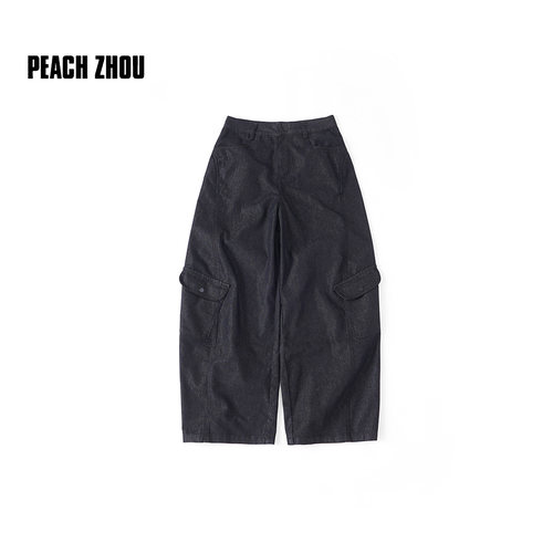 PEACHZHOU 黑丹宁弯刀牛仔裤宽松立裁轻工装大口袋四合扣阔腿长裤