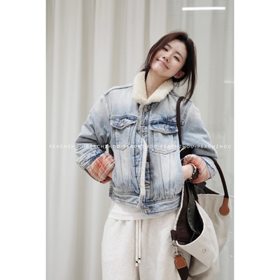 PEACHZHOU 水洗羊羔毛领格纹复古港风合身短款夹棉牛仔棉服外套