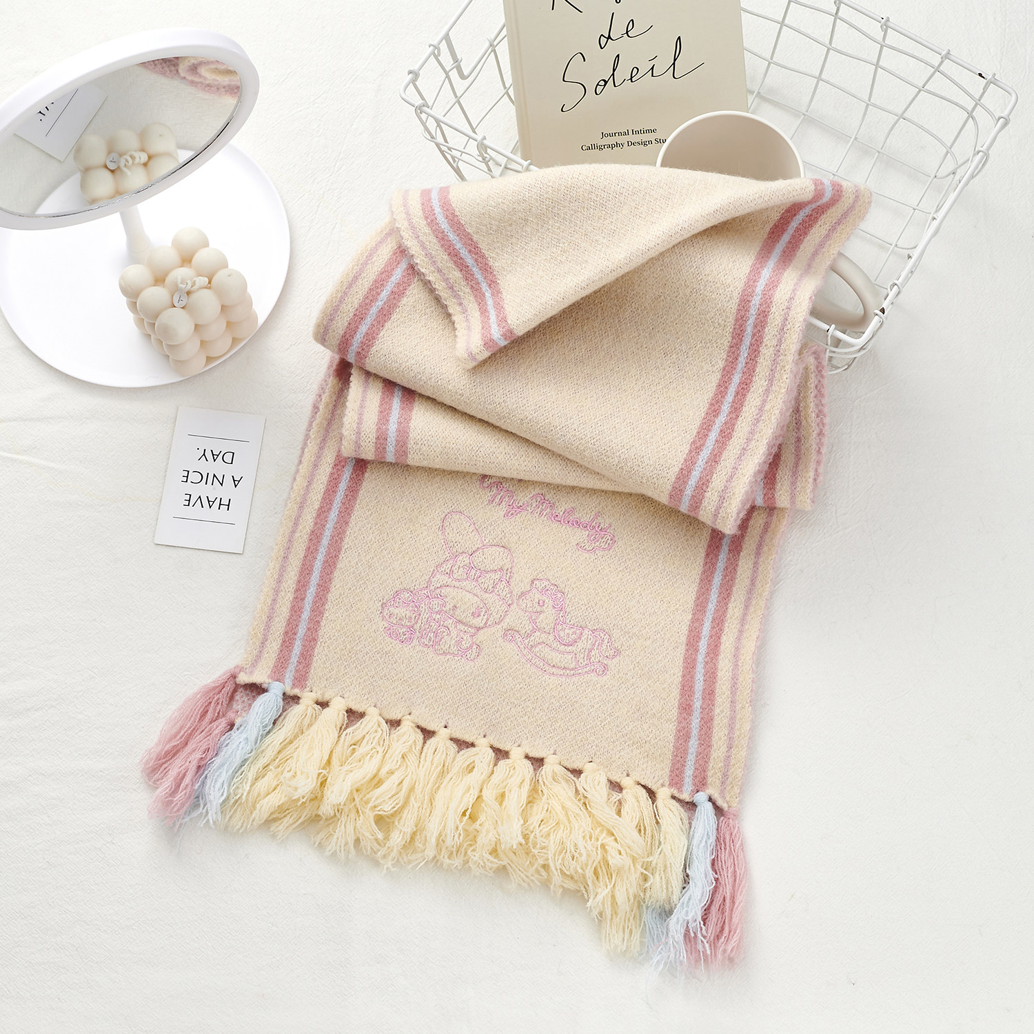 三丽鸥正版童趣木马刺绣围巾可爱风拼色流苏冬季保暖围脖