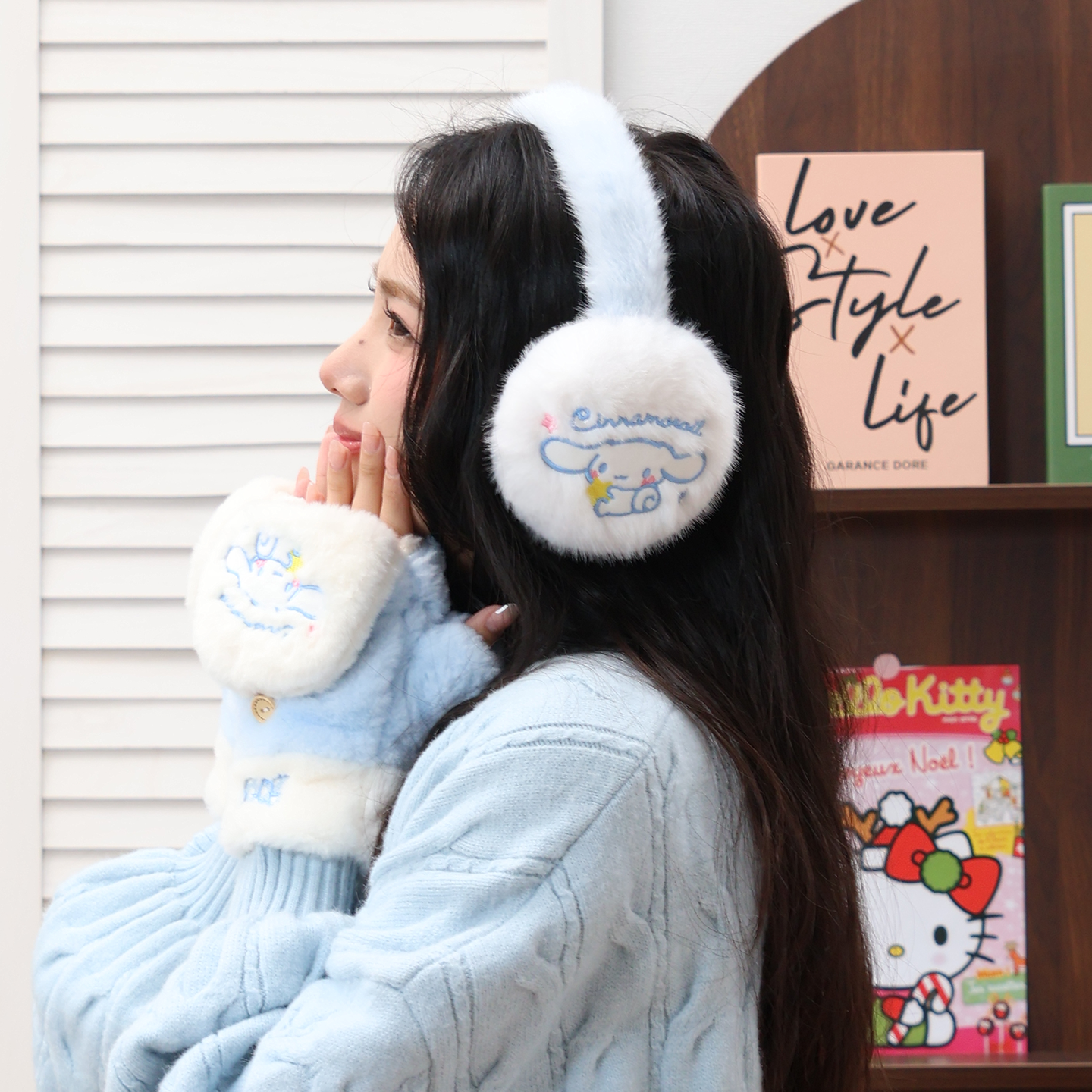 三丽鸥正版玉桂狗毛绒刺绣耳套保暖防寒可爱耳罩冬季翻盖半指手套