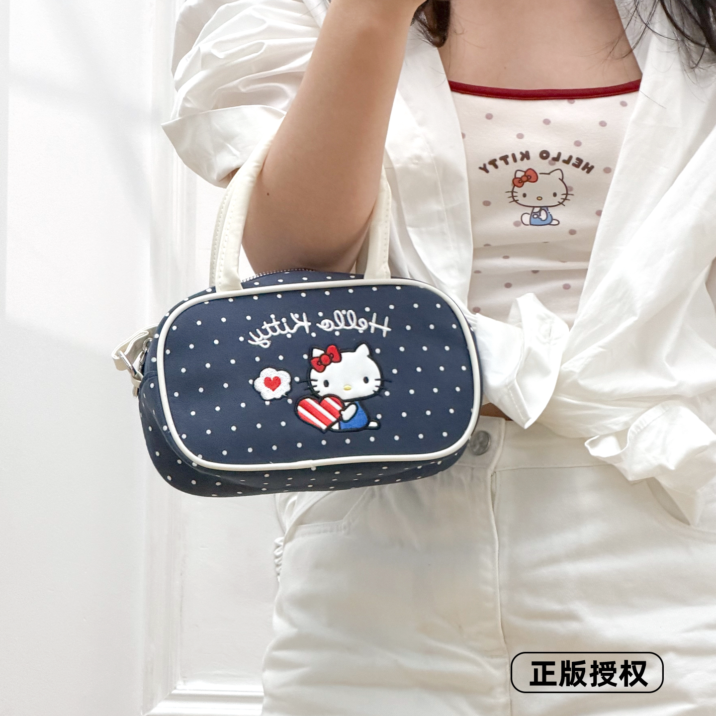 三丽鸥正版凯蒂猫波点韩版手提包斜挎两用包波士顿包可爱女生方包