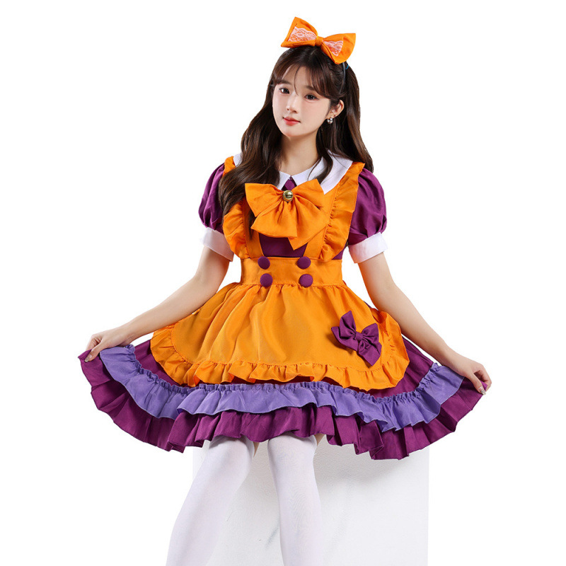 日本动漫女佣女仆装 cosplay橙色萝莉洛丽塔公主裙餐厅工作服装