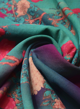 复古40姆米加厚绿色印花绢纺香云纱莨绸真丝连衣裙面料桑蚕丝布料