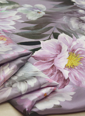 23姆米上海真丝大王淡紫色印花文艺风连衣裙旗袍布料桑蚕丝绸面料