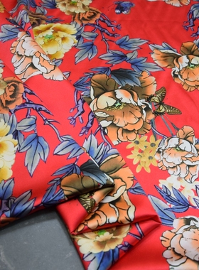 红色喜庆奢华牡丹花40姆重缎真丝连衣裙旗袍衬衣布料桑蚕丝绸面料