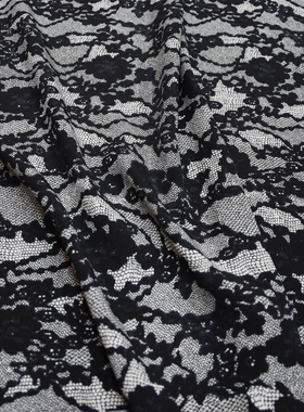 简约大气黑色蕾丝边印花30姆米真丝重绉布料桑蚕丝绸连衣裙面料