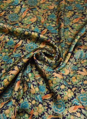 绿色碎花小鸟40姆米重磅重缎香云纱旗袍连衣裙布料桑蚕丝衬衣面料