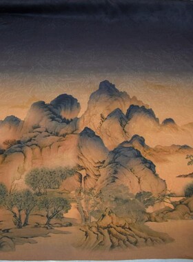 30姆米山水风景画水墨画定位红云香云纱旗袍连衣裙布料桑蚕丝面料