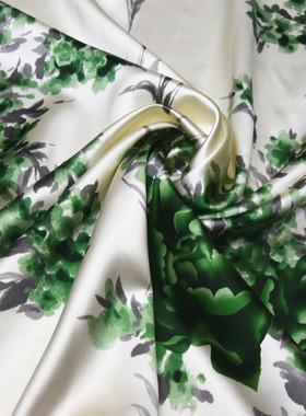 苏州大王绿色印花40姆米重磅重缎真丝连衣裙旗袍面料桑蚕丝绸布料