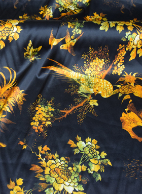 黑色19姆米金喜鹊小鸟印花真丝弹力缎旗袍连衣裙面料桑蚕丝绸布料