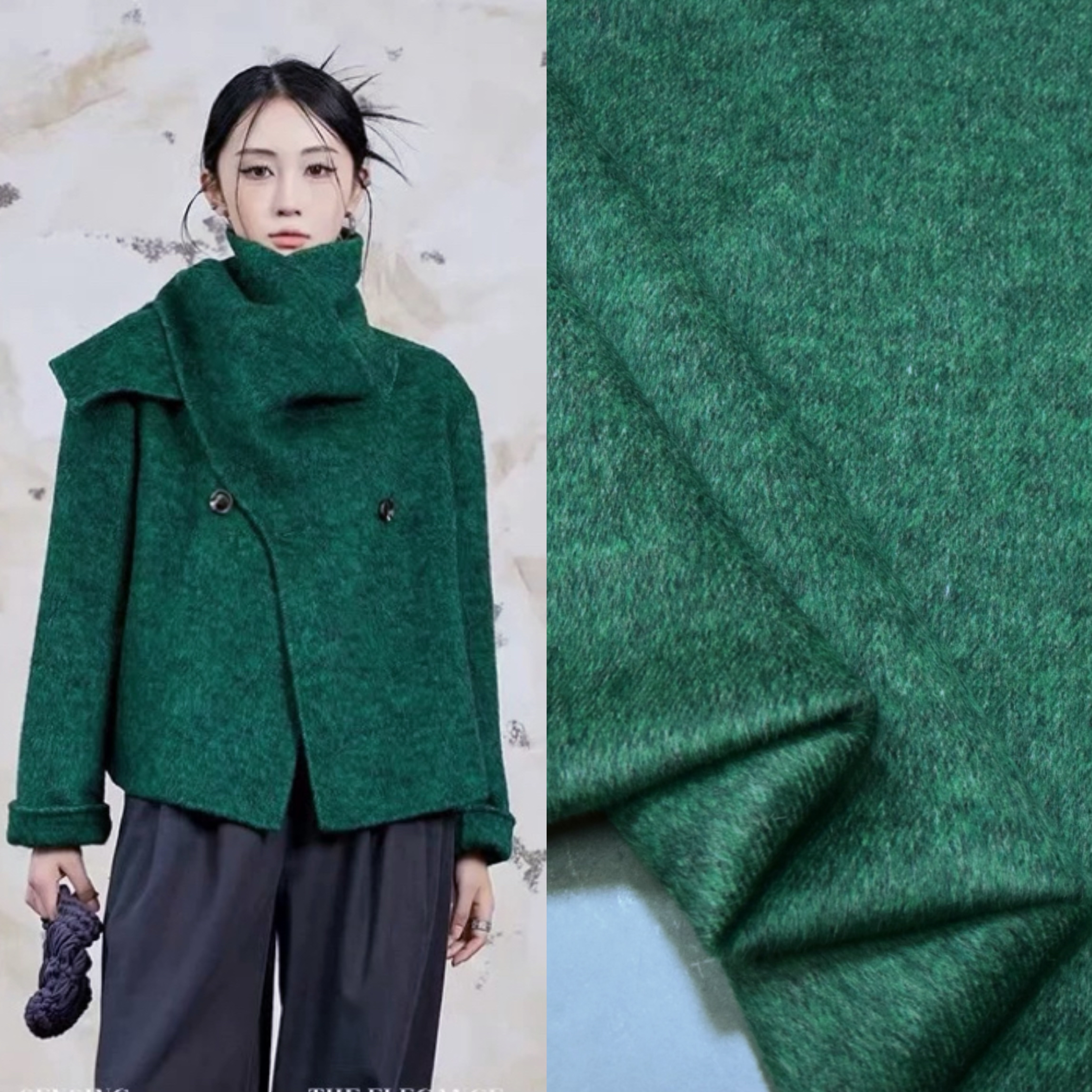进口秋冬高端可剥绿色混色时尚双面高织羊绒大衣面料绵羊毛布料