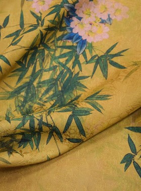 黄绿色提花香云纱竹叶蝴蝶印花30姆米花萝红云纱桑蚕丝旗袍面布料