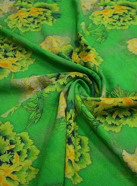艳绿色芍药牡丹印花40姆米哈密瓜纹绢纺香云纱旗袍面料连衣裙布料