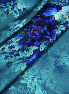 绿色牡丹花40姆米重磅重缎真丝旗袍连衣裙布料衬衫桑蚕丝绸面料