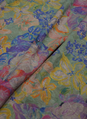 文雅40姆米紫色黄色花朵印花绢纺香云纱旗袍连衣裙面料桑蚕丝布料