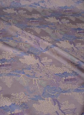 宽幅32姆米紫色亭台风景画印花真丝杭锦面料新中式旗袍连衣裙布料