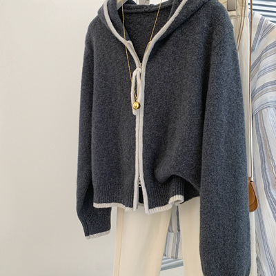 灰色拉链连帽针织毛衣开衫女