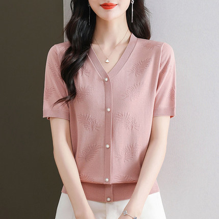 2025新款桑蚕丝短袖针织衫女夏季宽松上衣中年妈妈女装冰丝薄t恤