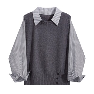 女减龄收腰设计假两件上衣 衬衫 2025早秋新款 针织马甲叠穿条纹长袖