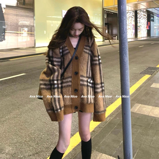 老钱风复古V领宽松格子毛衣外套女学院慵懒风马海毛针织开衫上衣