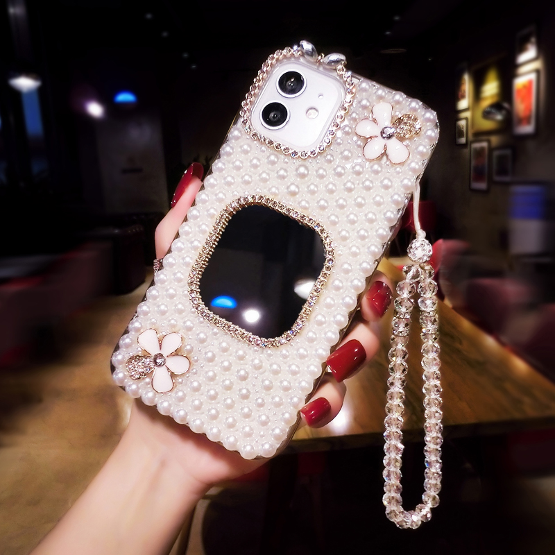 华为Pura70pro补妆镜子手机壳高级感Nova13珍珠水晶12保护套Mate60镶钻时尚P50带钻石闪P40适用荣耀200女90SE