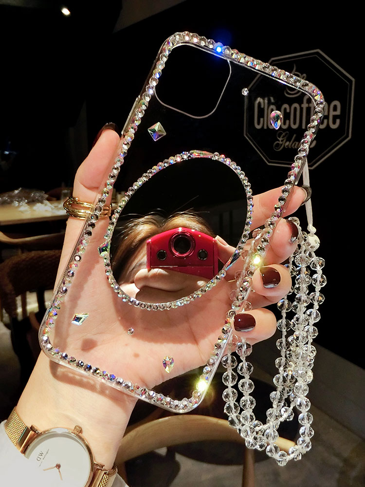 华为Pura70pro补妆镜子手机壳高级感nova13保护套防摔Mate60带钻石闪12镶钻奢华P50适用P40荣耀200挂绳90SE女