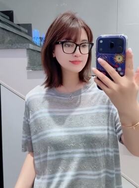 胖淼淼22020大码T恤衫女胖mm条纹短袖小衫200斤女装新款防晒服夏